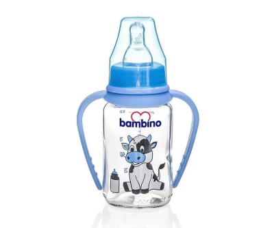 Bambino Yavaş Akışlı Kulplu Cam Biberon 125 Ml - Mavi - Bambino