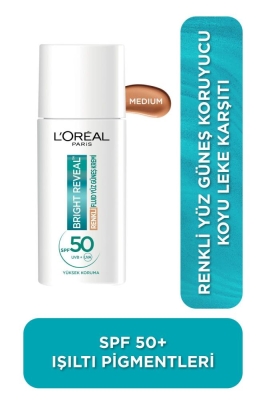 L'Oreal Paris Bright Reveal Spf 50 Koyu Leke Karşıtı Renkli Fluid Günlük Yüz Güneş Kremi 50ml - Medium - L'Oreal Paris