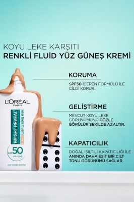 L'Oreal Paris Bright Reveal Spf 50 Koyu Leke Karşıtı Renkli Fluid Günlük Yüz Güneş Kremi 50ml - Medium - 5