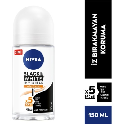 NIVEA Kadın Roll On Deodorant Black&White Invisible Güçlü Etki 50ml,Ter ve Ter Kokusuna Karşı 48 Saat Anti-perspirant Koruma - Nivea