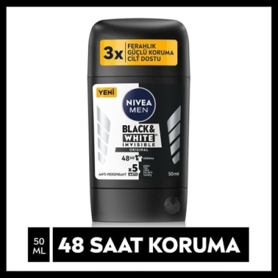Nivea Men Erkek Stick Deodorant Black & White Invisible Original 48 Saat Anti-Perspirant Koruma 50 ml - Nivea