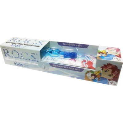 Rocs Kids 3 - 7 Yaş Çocuklar için Florürsüz Diş Macunu Ve Fırça Seti - Mavi - R.O.C.S.