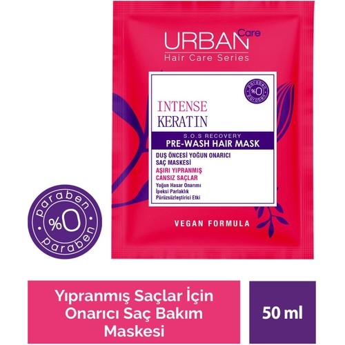 URBAN Care Intense Keratin Aşırı Yıpranmış Saçlar Onarıcı Duş Öncesi Saç Bakım Maskesi-Vegan -50ML - 1